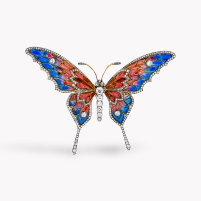 Art Deco Boucheron Old Cut Diamond and Enamel Butterfly Brooch In Platinum
