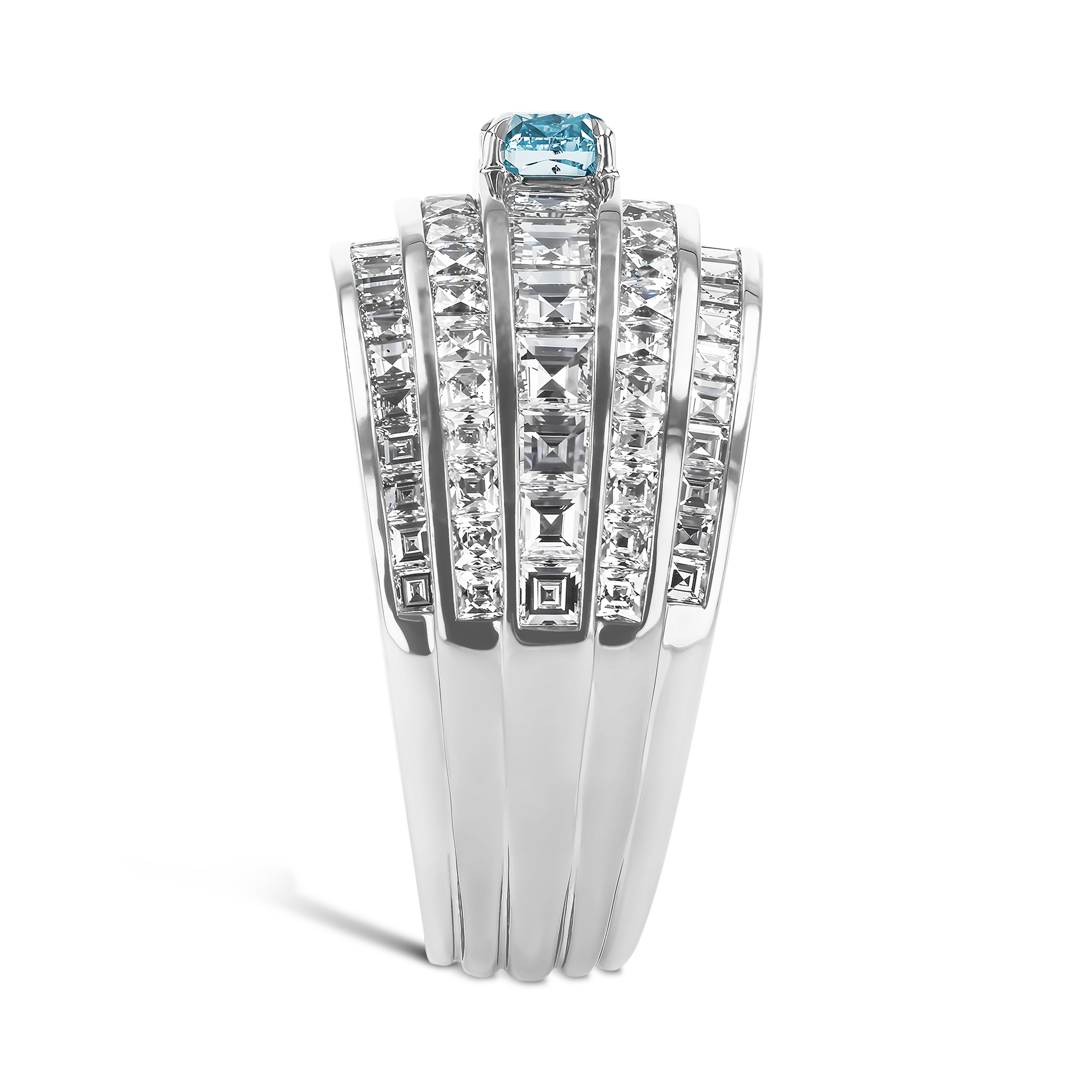 Masterpiece Manhattan Fancy Intense Blue-Green Diamond Ring Carré, French & Cushion Cut, Channel & Claw Set_4